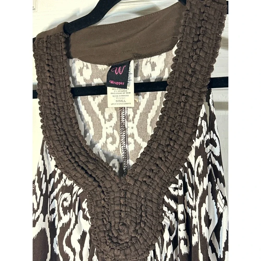 Wrapper Women's Brown White Ikat Print V Neck Sleeveless‎ Dress Size Small